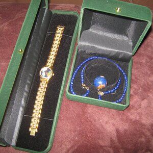 Vintage Earth Gems Gold Tone Working Watch with Matching Globe Necklace